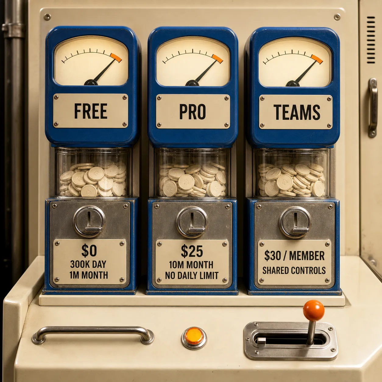 Physical token meters comparing Bolt Free, Pro, and Teams monthly plans