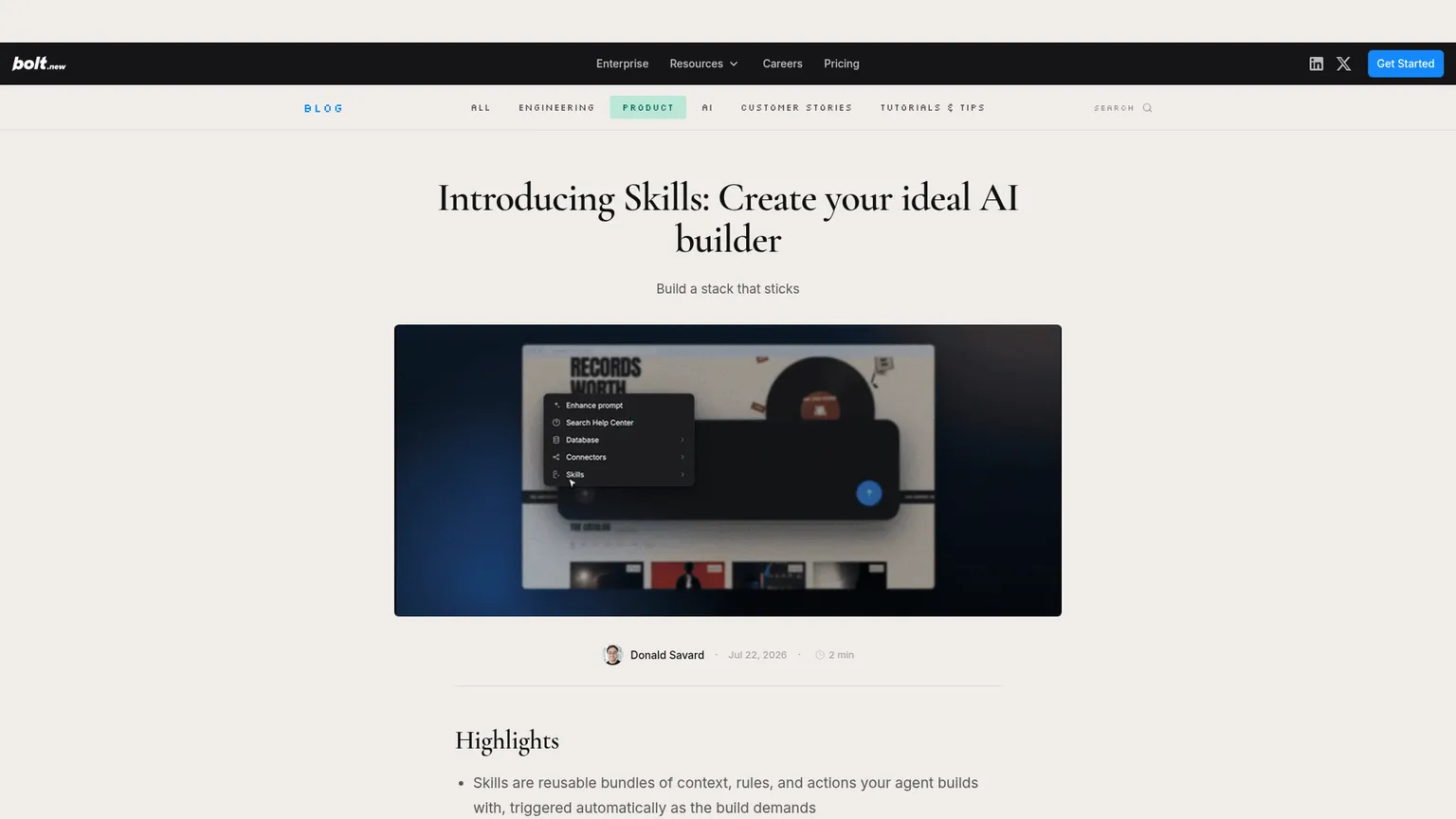 Bolt.new Skills launch page showing reusable project and workspace instructions