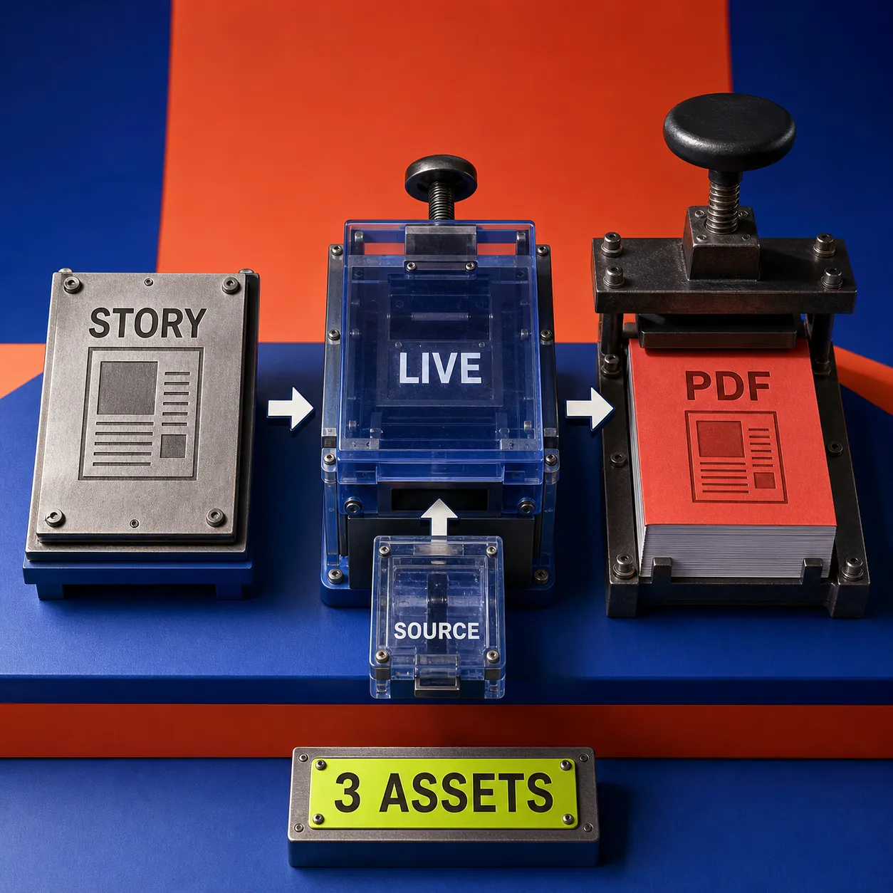 Three-part fundraise handoff showing investor story, live proof, and portable PDF
