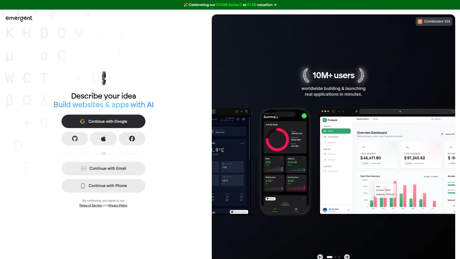 Emergent AI agentic app builder homepage