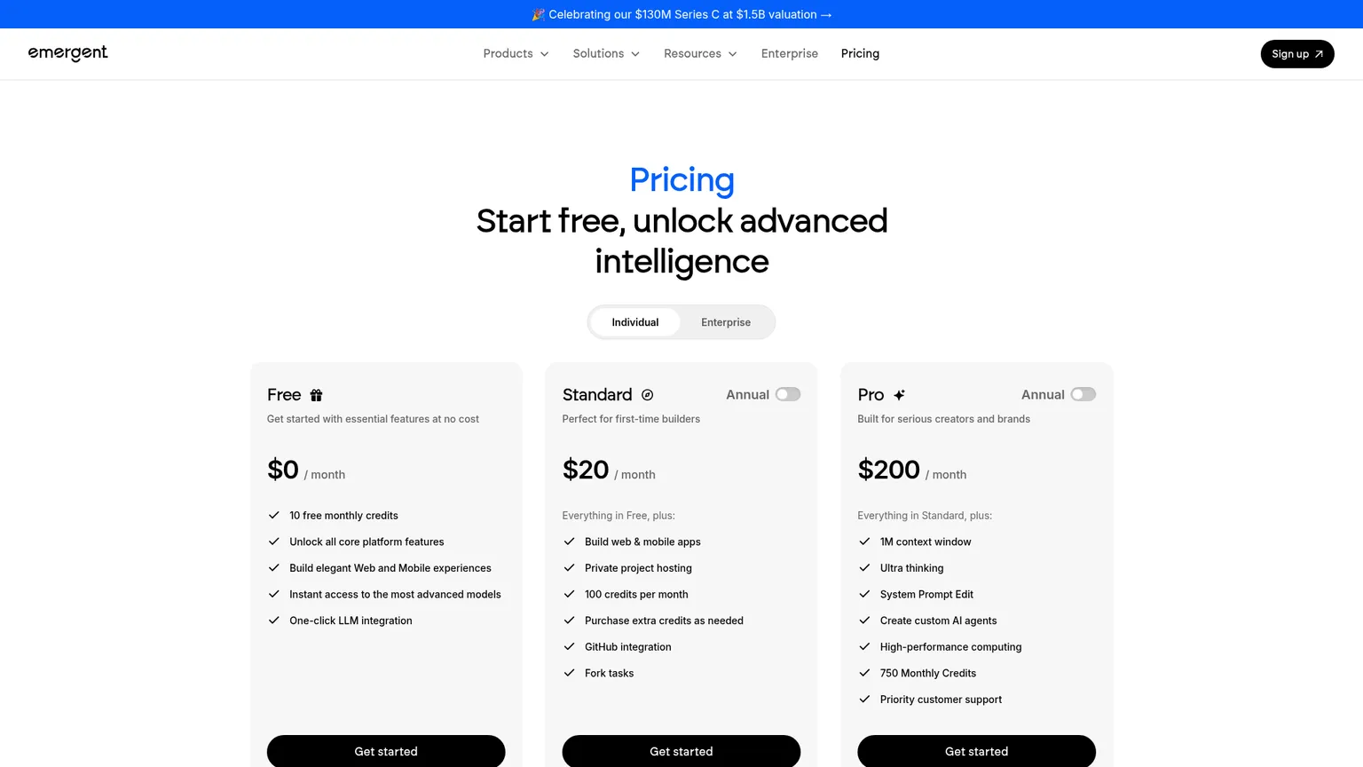 Emergent AI pricing tiers and monthly credit allotments