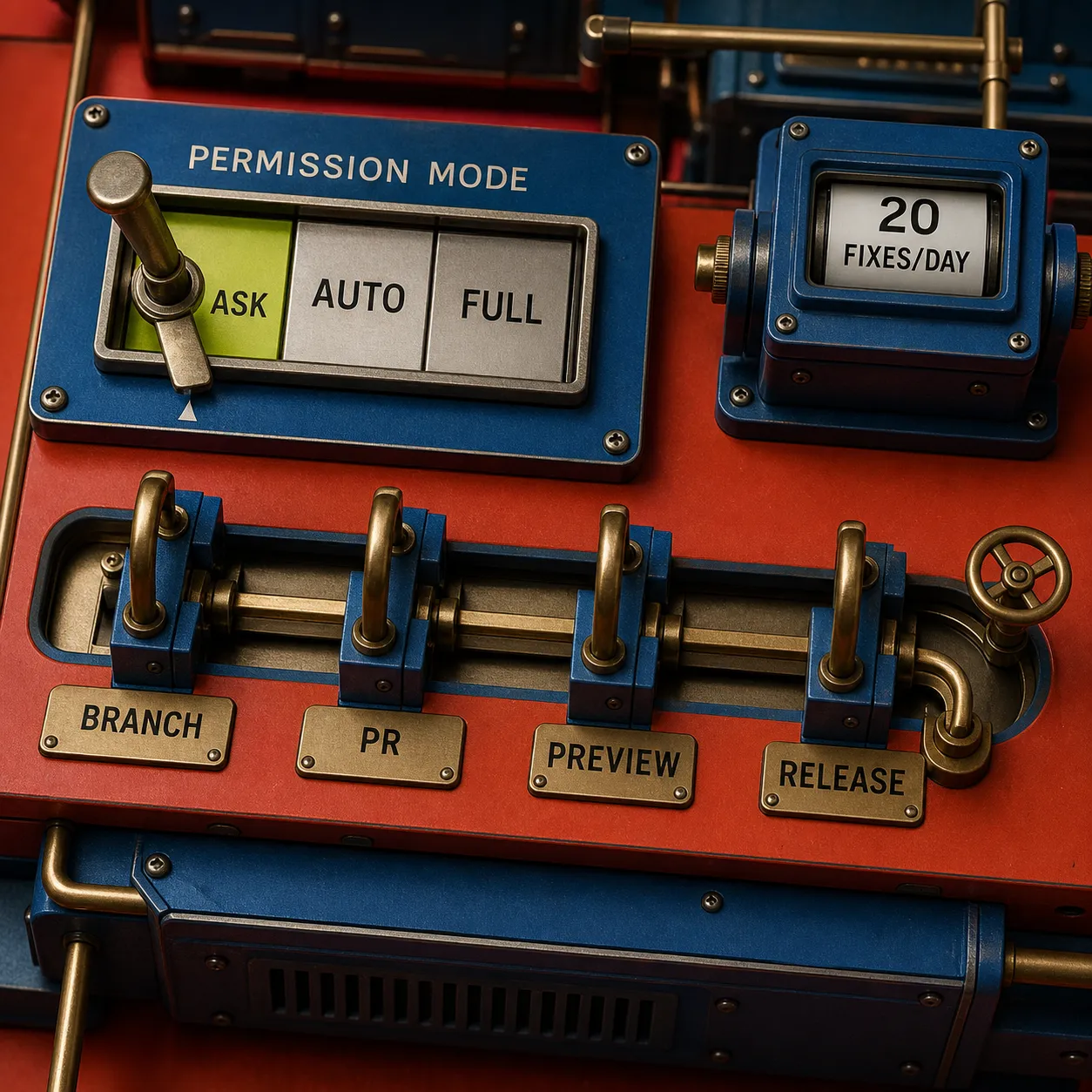 Physical release control board showing Ask, Auto, and Full modes across branch, pull request, preview, and release