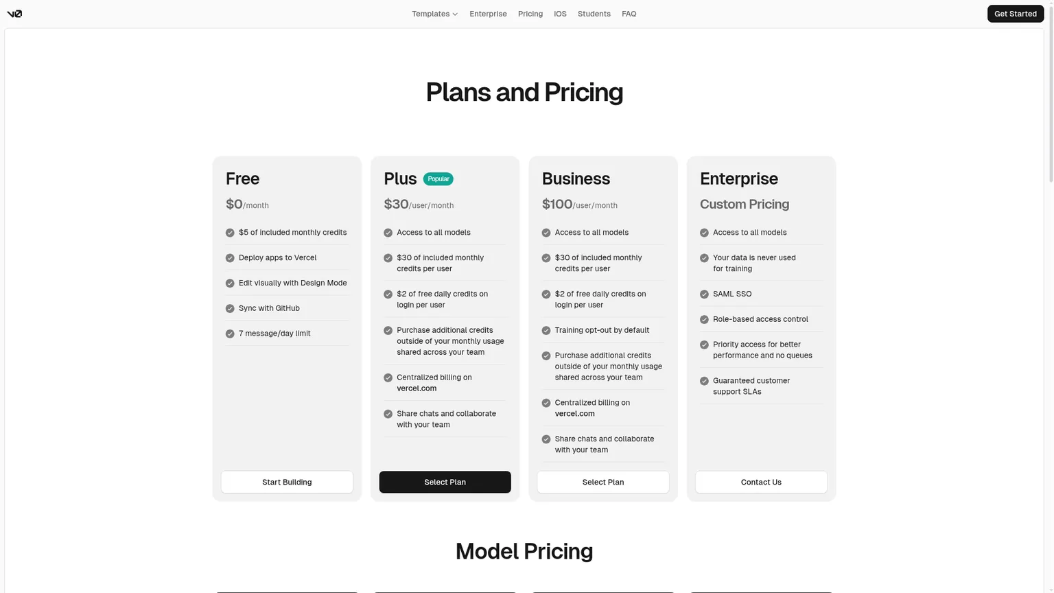 v0 pricing page with Free, Plus, Business, and Enterprise plans
